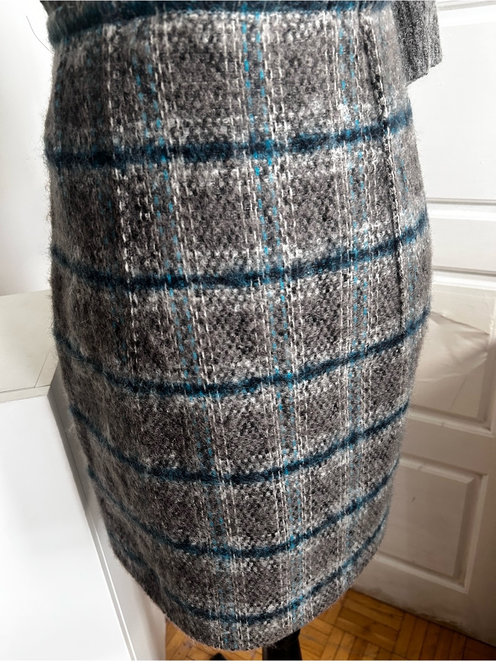 Luisa Cerano Mohair Virgin Wool Plaid Mini Skirt Gray Teal Size 8